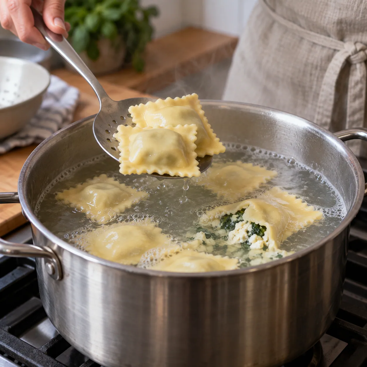 Cooked ravioli handled gently during transfer