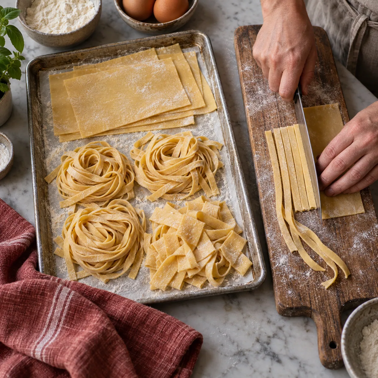 A tray holding small pasta portions beside the working board