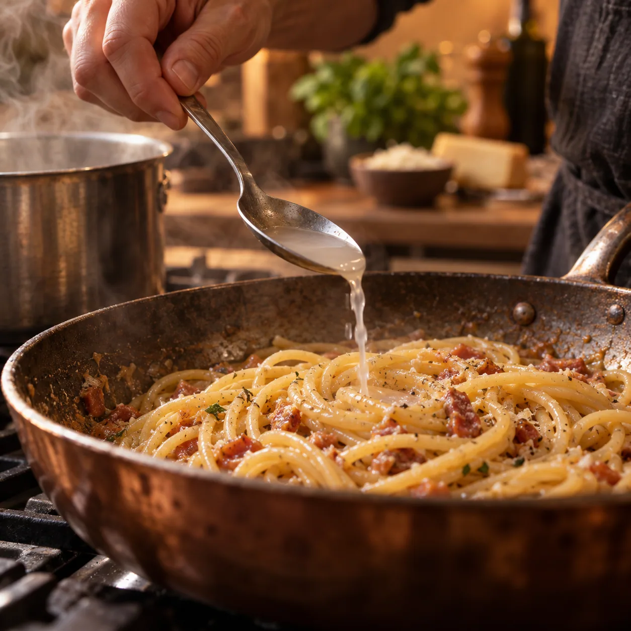 Cooking water used to loosen a pasta sauce