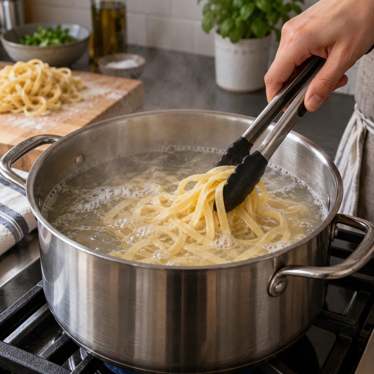 Early gentle movement helping noodles separate in water