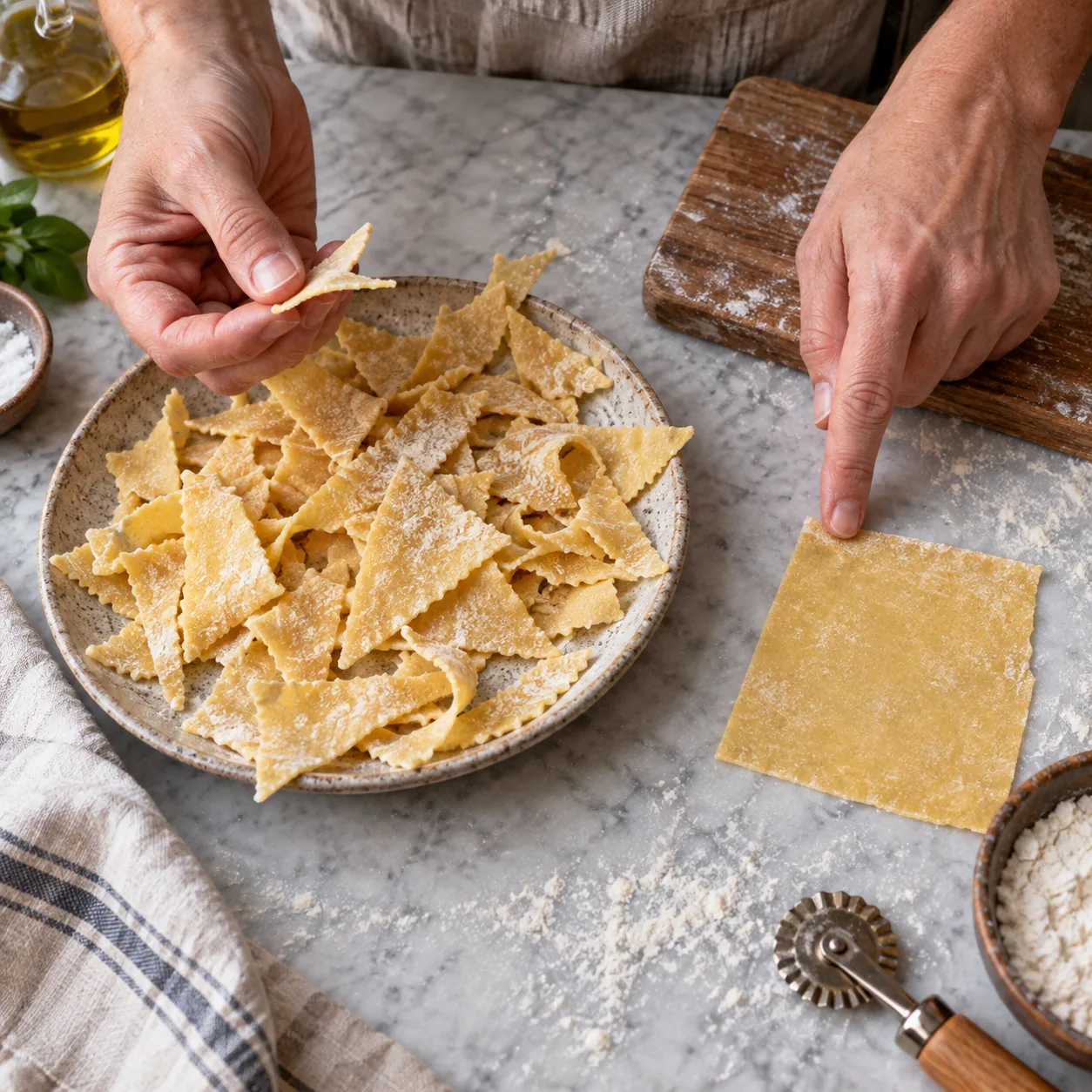 Pasta scraps sorted before cutting and cooking