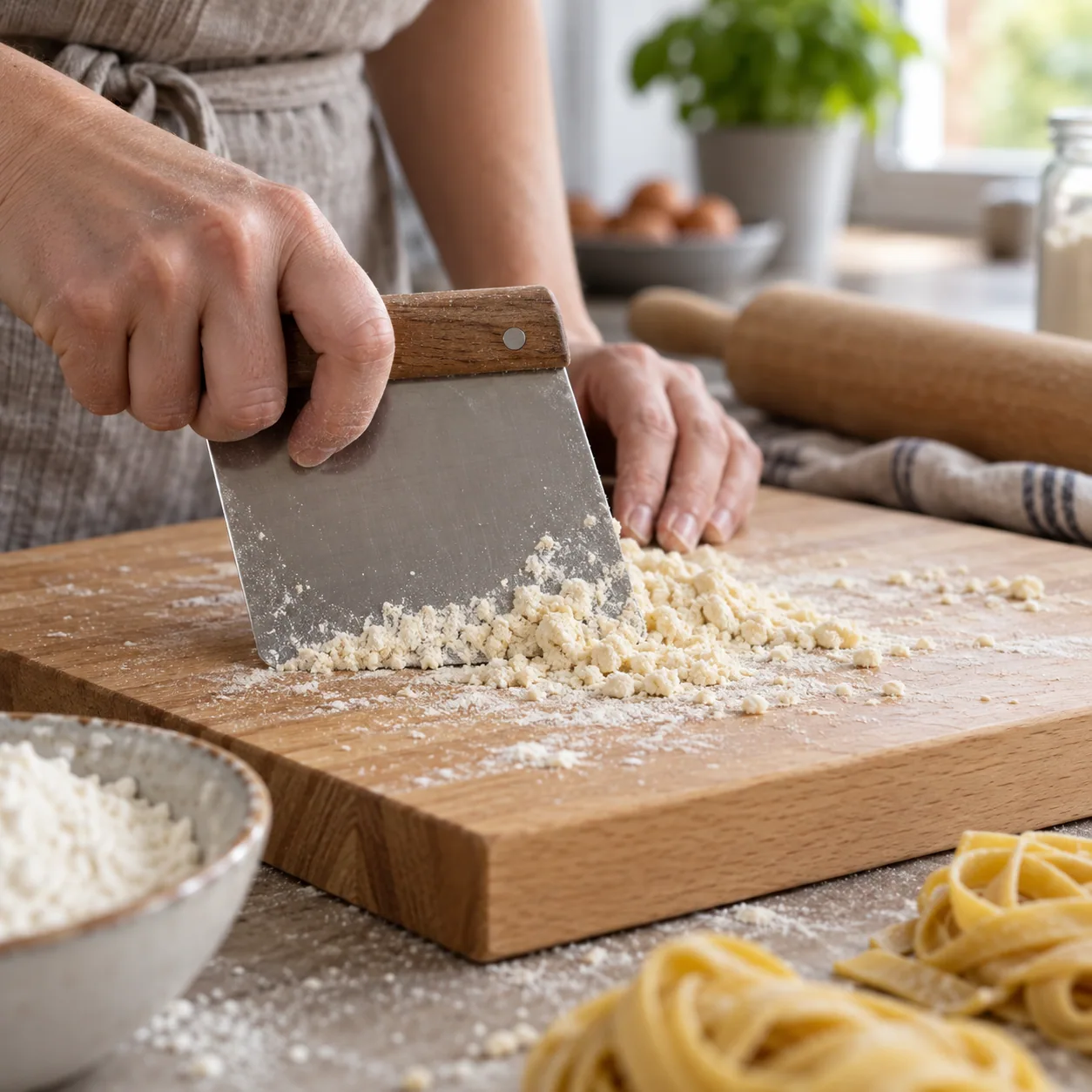 A scraper helping clean and move dough on a board