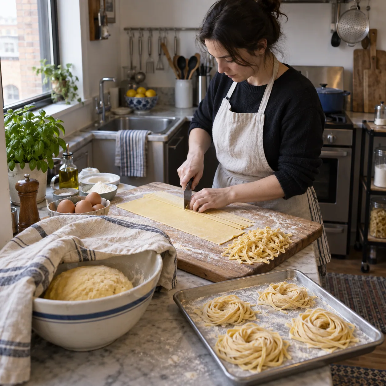 A compact counter arranged for handmade pasta