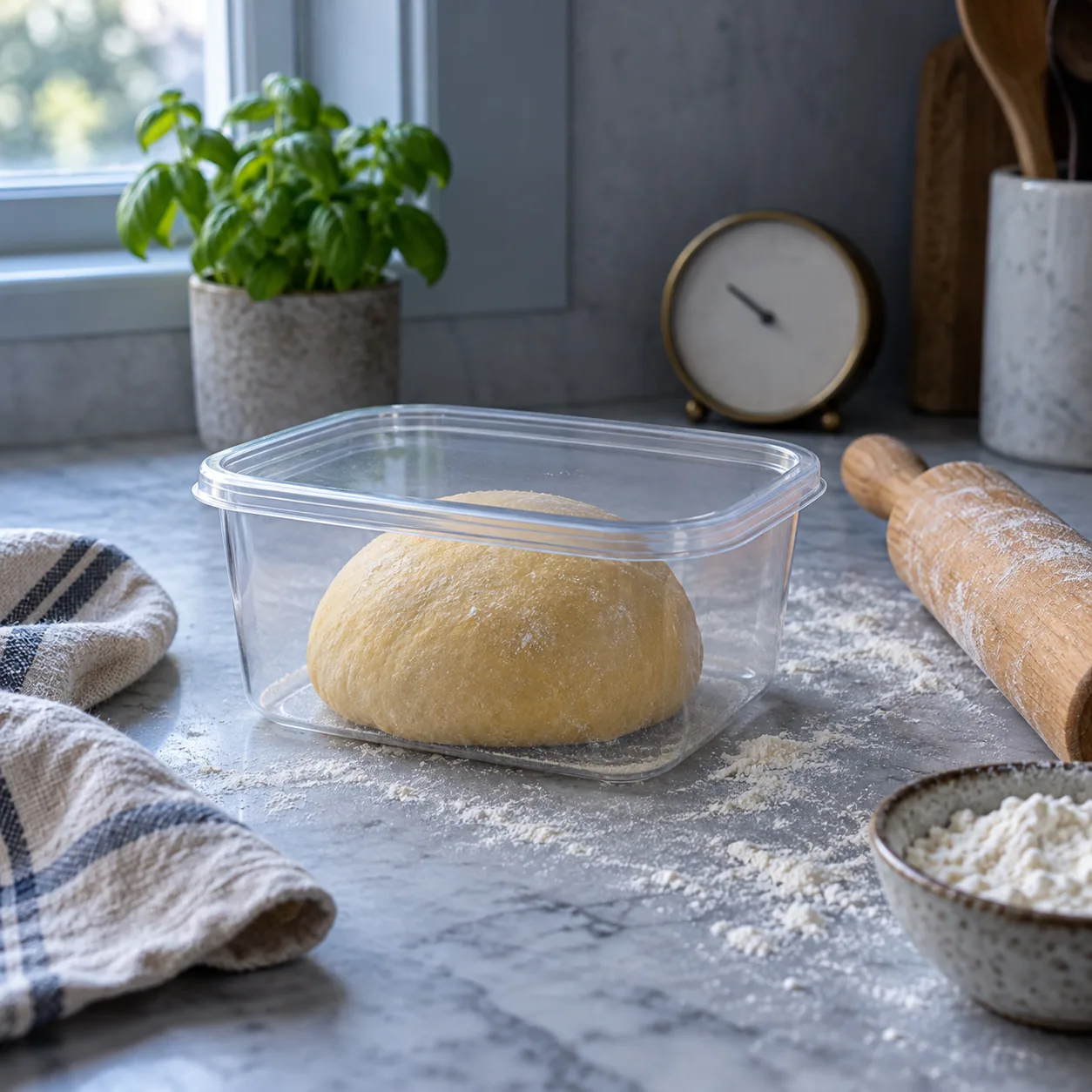 A covered dough portion resting before rolling