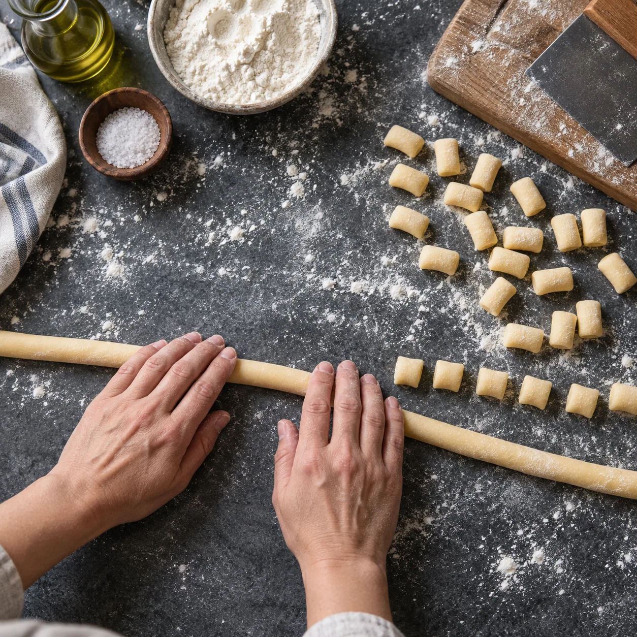 A thin dough rope cut into consistent short pieces