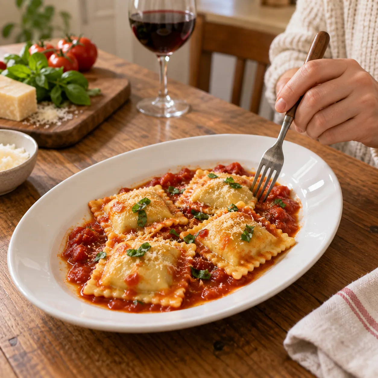 Small square ravioli served with a simple sauce